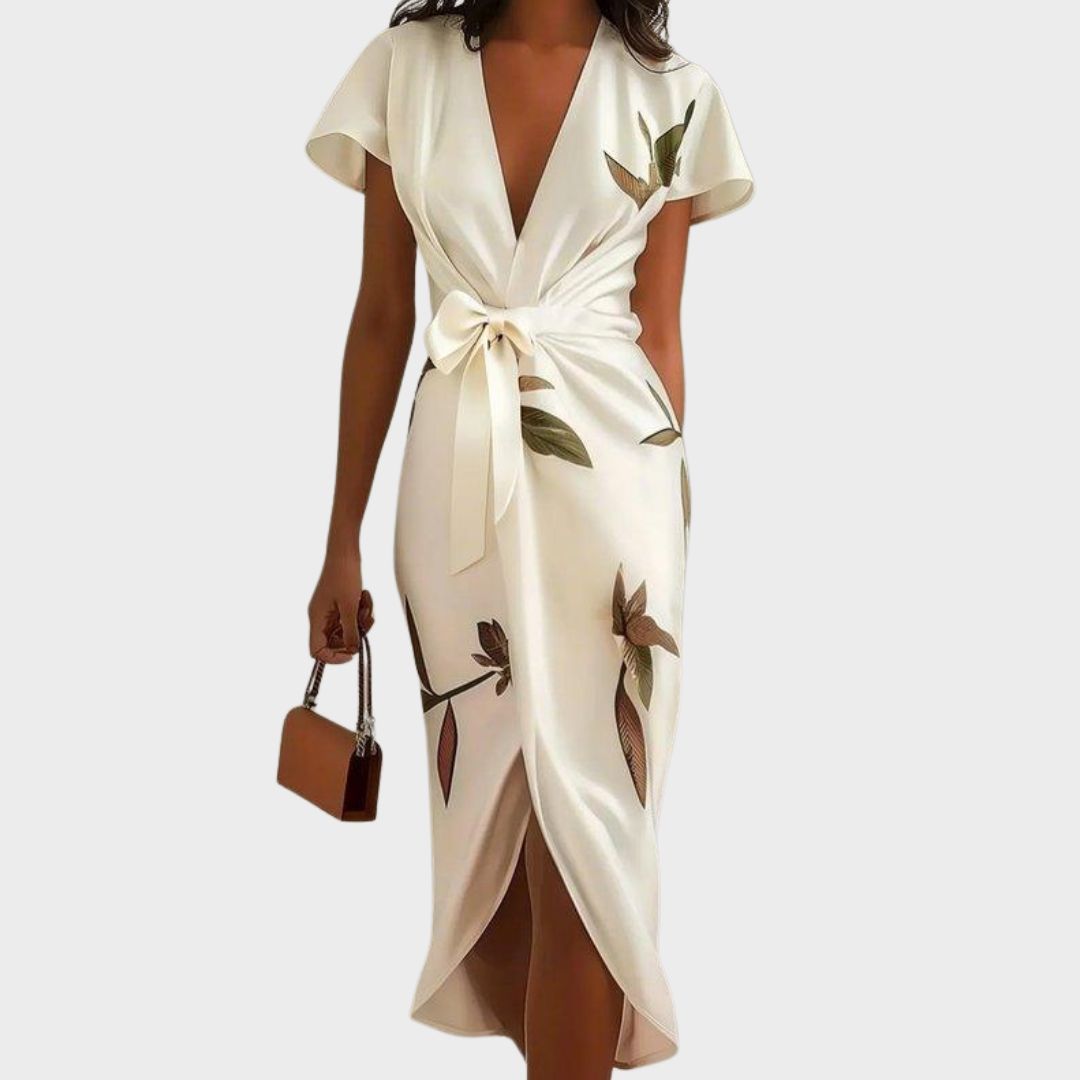 Veraria | Women's Floral V-Neck Wrap Midi Dress with Waist Tie — 1
