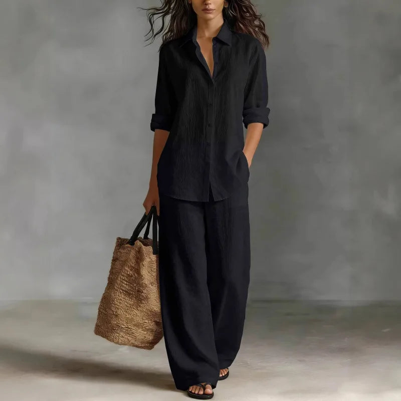 Verenabelle | Women's Matching Two-Piece Set Ivory Linen Shirt Wide Leg Trousers for — Black