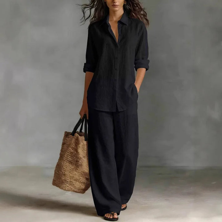 Verenabelle | Women's Matching Two-Piece Set Ivory Linen Shirt Wide Leg Trousers for — Black
