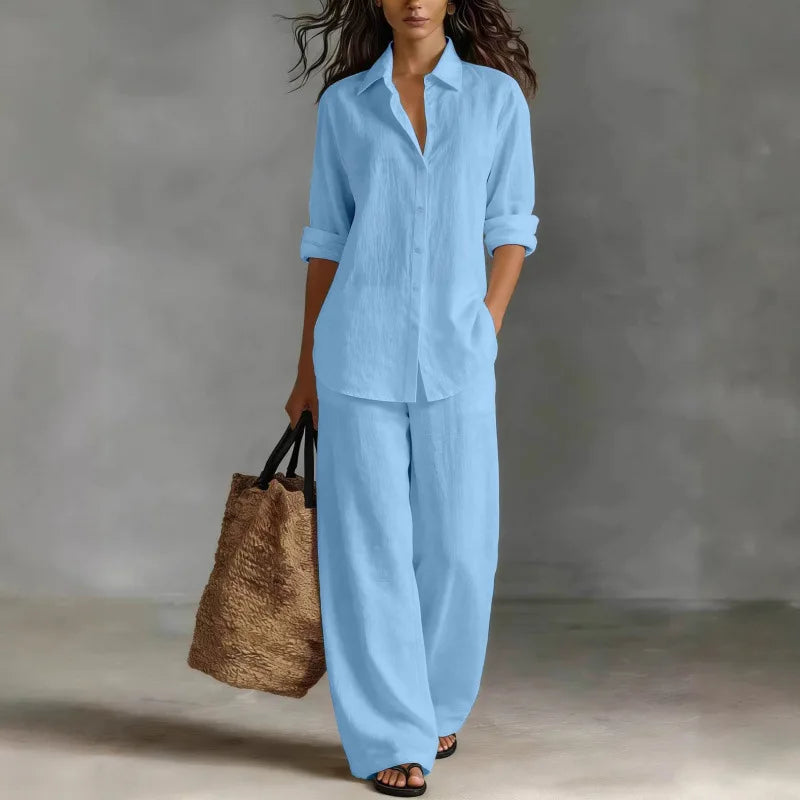 Verenabelle | Women's Matching Two-Piece Set Ivory Linen Shirt Wide Leg Trousers for — 2