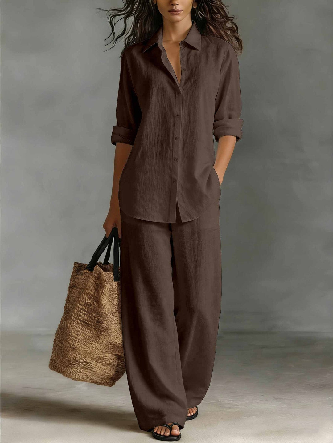Verenabelle | Women's Matching Two-Piece Set Ivory Linen Shirt Wide Leg Trousers for — Brown