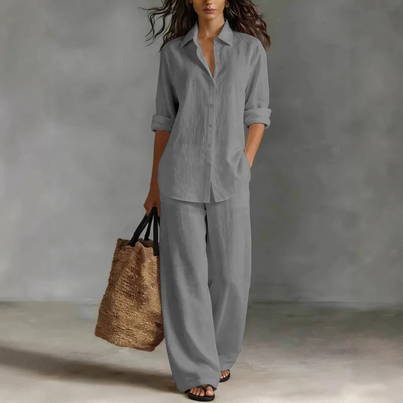 Verenabelle | Women's Matching Two-Piece Set Ivory Linen Shirt Wide Leg Trousers for — Grey