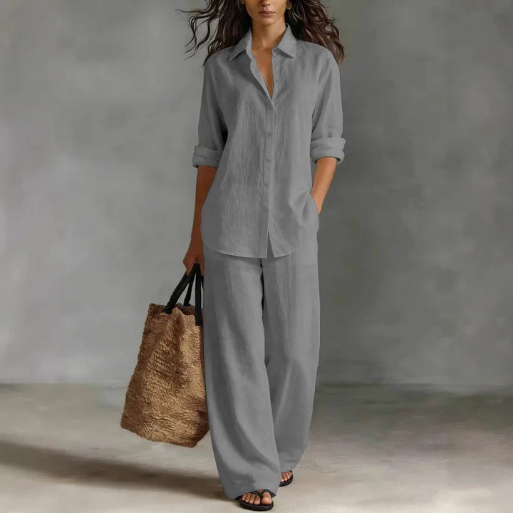 Verenabelle | Women's Matching Two-Piece Set Ivory Linen Shirt Wide Leg Trousers for — Grey