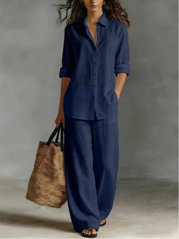 Verenabelle | Women's Matching Two-Piece Set Ivory Linen Shirt Wide Leg Trousers for — Navy Blue