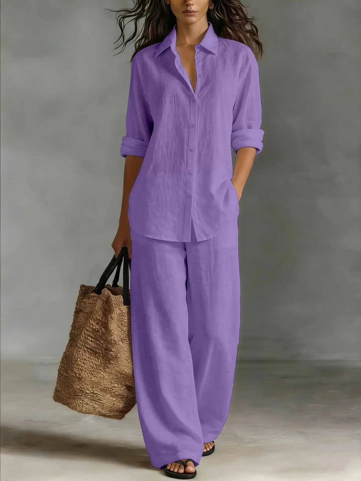 Verenabelle | Women's Matching Two-Piece Set Ivory Linen Shirt Wide Leg Trousers for — Purple