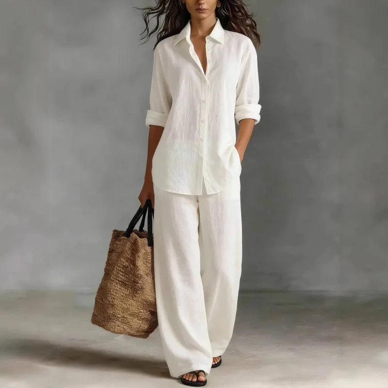 Verenabelle | Women's Matching Two-Piece Set Ivory Linen Shirt Wide Leg Trousers for — White