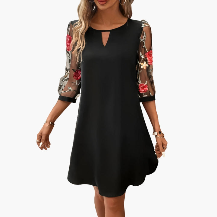 Vesperaria | Women's Knee-Length Floral Sleeve Dress — Black