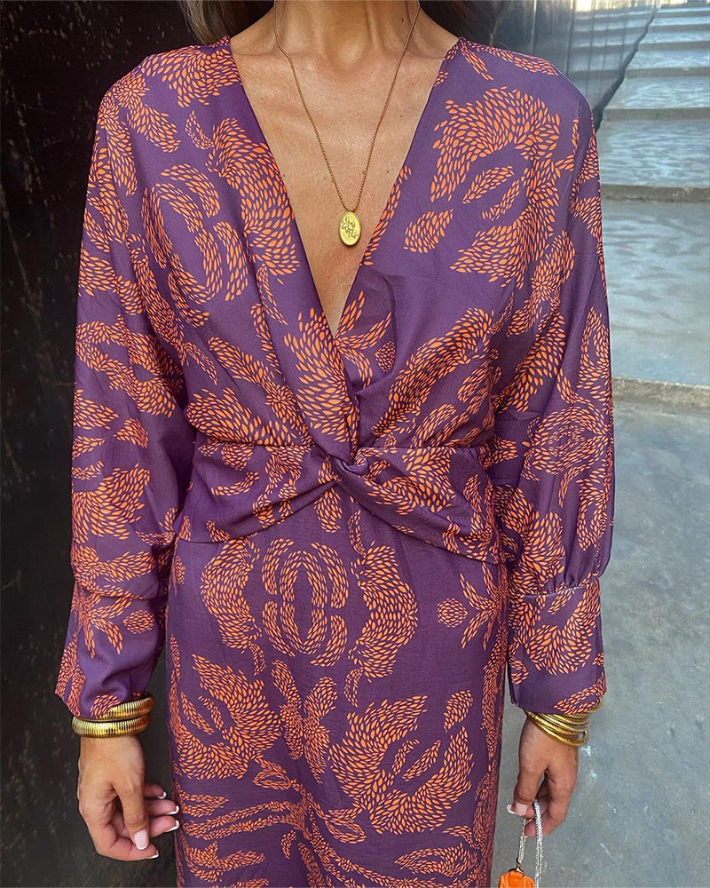 Vesperbelle | Women's Printed Twist Front Midi Dress — Purple