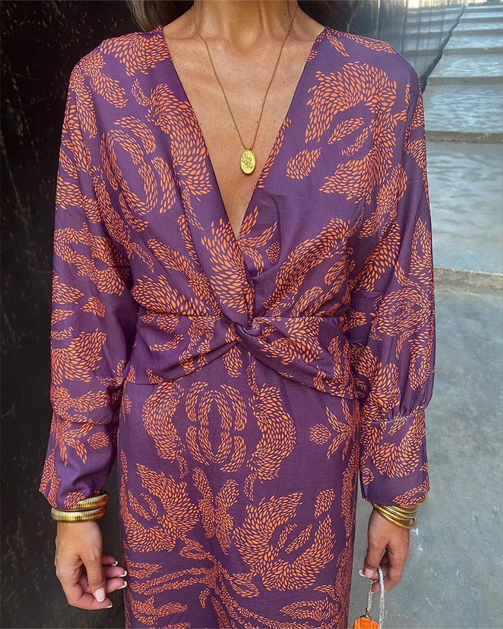 Vesperbelle | Women's Printed Twist Front Midi Dress — Purple