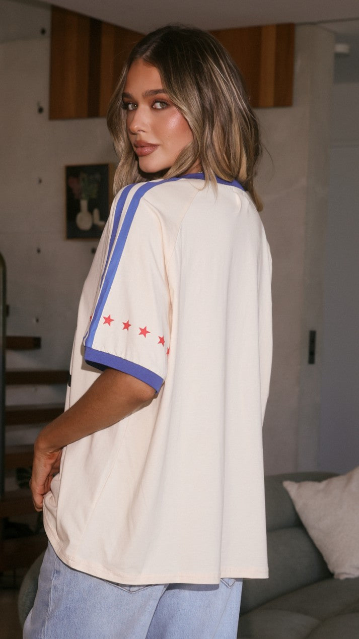 Vespermora | Women's Blouse Oversized Casual Outfit - Beige/Blue / Chocolate/Pink