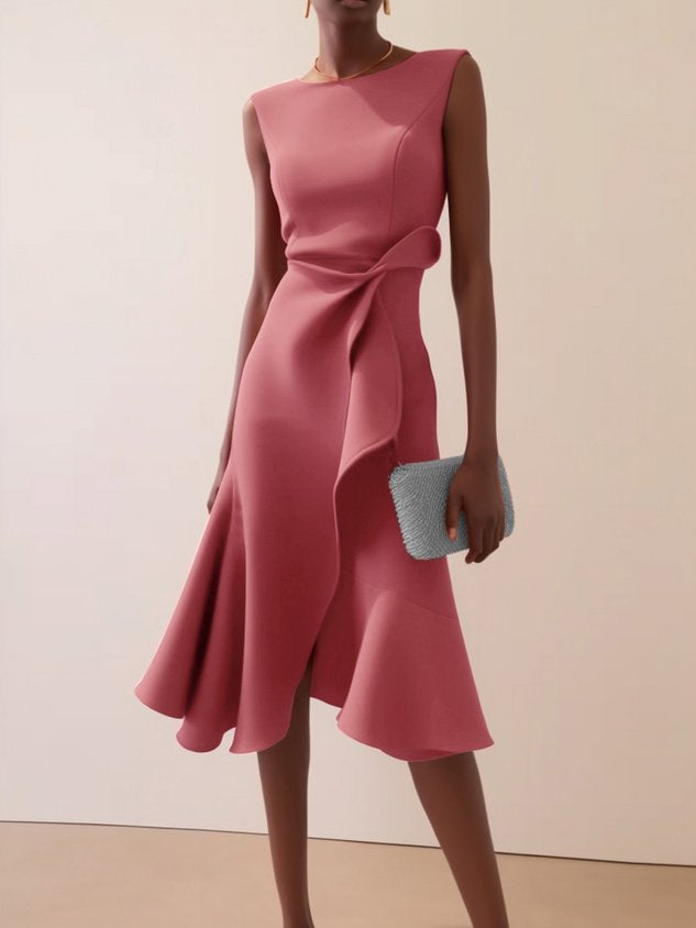 Vesperoura | Women's Elegant Midi Formal Dress Red Crepe Sleeveless Draped for — 2