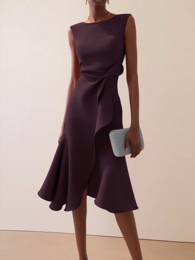 Vesperoura | Women's Elegant Midi Formal Dress Red Crepe Sleeveless Draped for — Burgunderrot