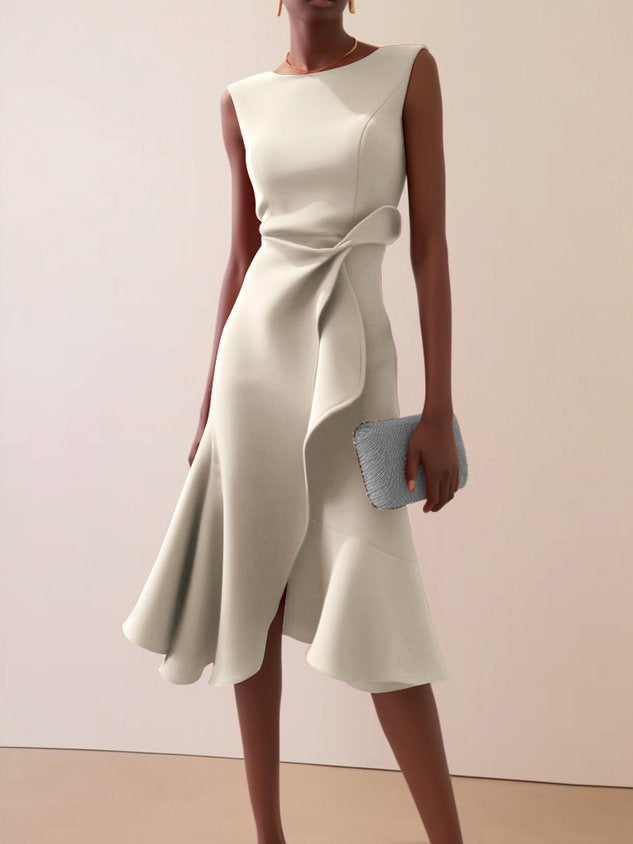 Vesperoura | Women's Elegant Midi Formal Dress Red Crepe Sleeveless Draped for — Cream