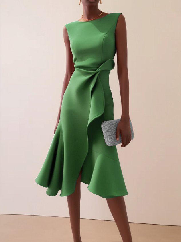 Vesperoura | Women's Elegant Midi Formal Dress Red Crepe Sleeveless Draped for — Green
