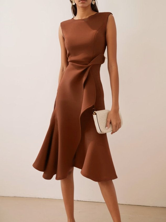Vesperoura | Women's Elegant Midi Formal Dress Red Crepe Sleeveless Draped for — Kaffee