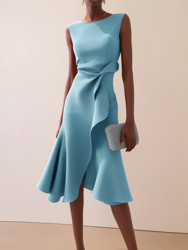 Vesperoura | Women's Elegant Midi Formal Dress Red Crepe Sleeveless Draped for — Light Blue