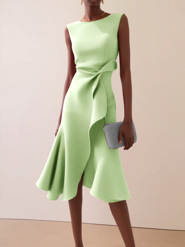 Vesperoura | Women's Elegant Midi Formal Dress Red Crepe Sleeveless Draped for — Light Green