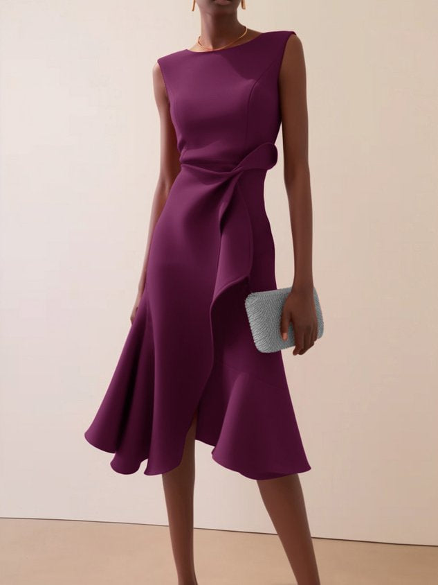 Vesperoura | Women's Elegant Midi Formal Dress Red Crepe Sleeveless Draped for — Purple
