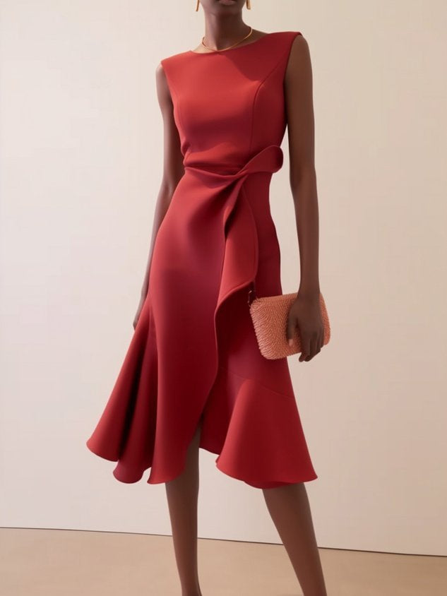 Vesperoura | Women's Elegant Midi Formal Dress Red Crepe Sleeveless Draped for — Red