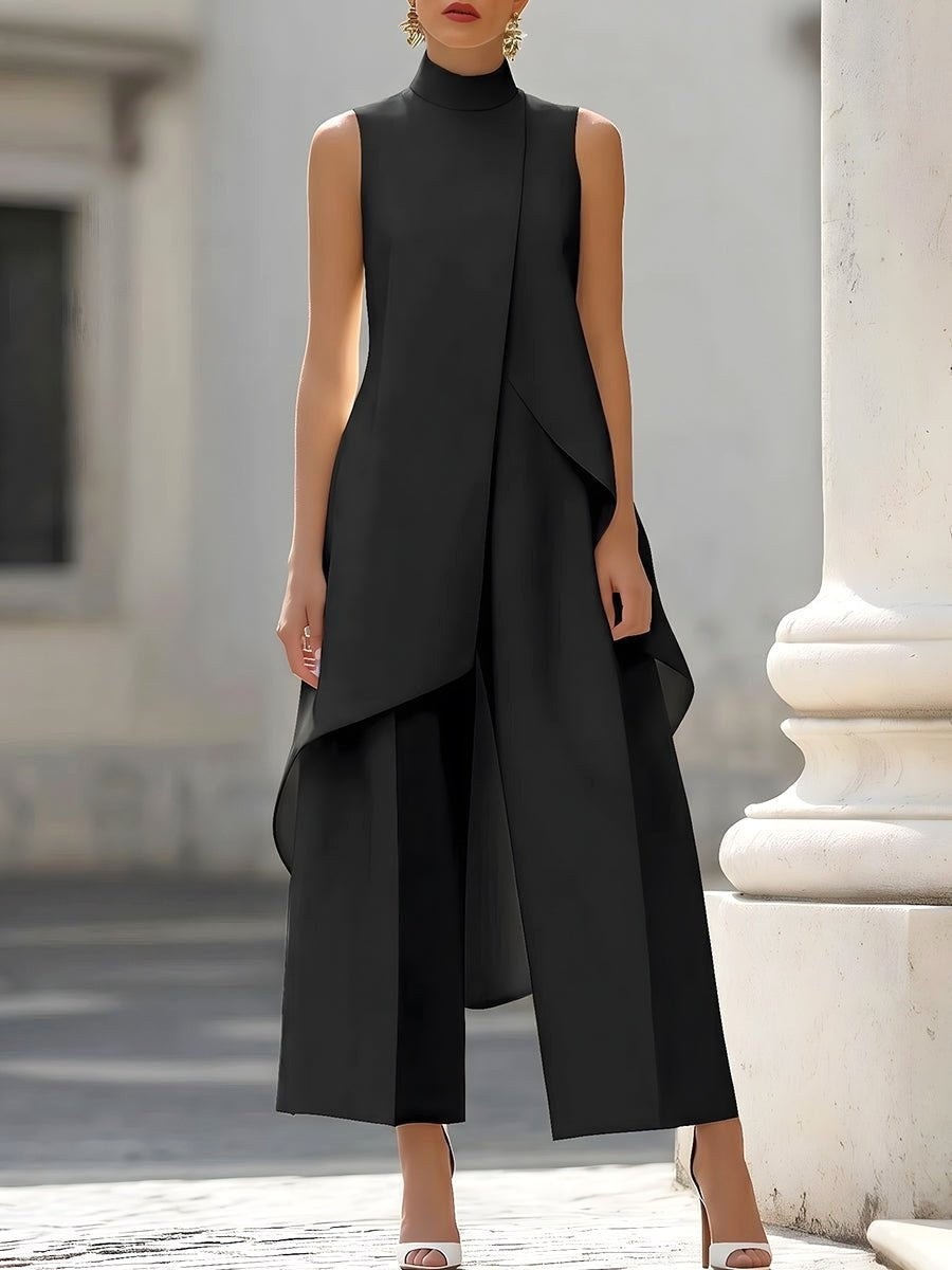 Vesperynn | Women's Matching High-Neck Asymmetric Top Two-Piece Set — Black