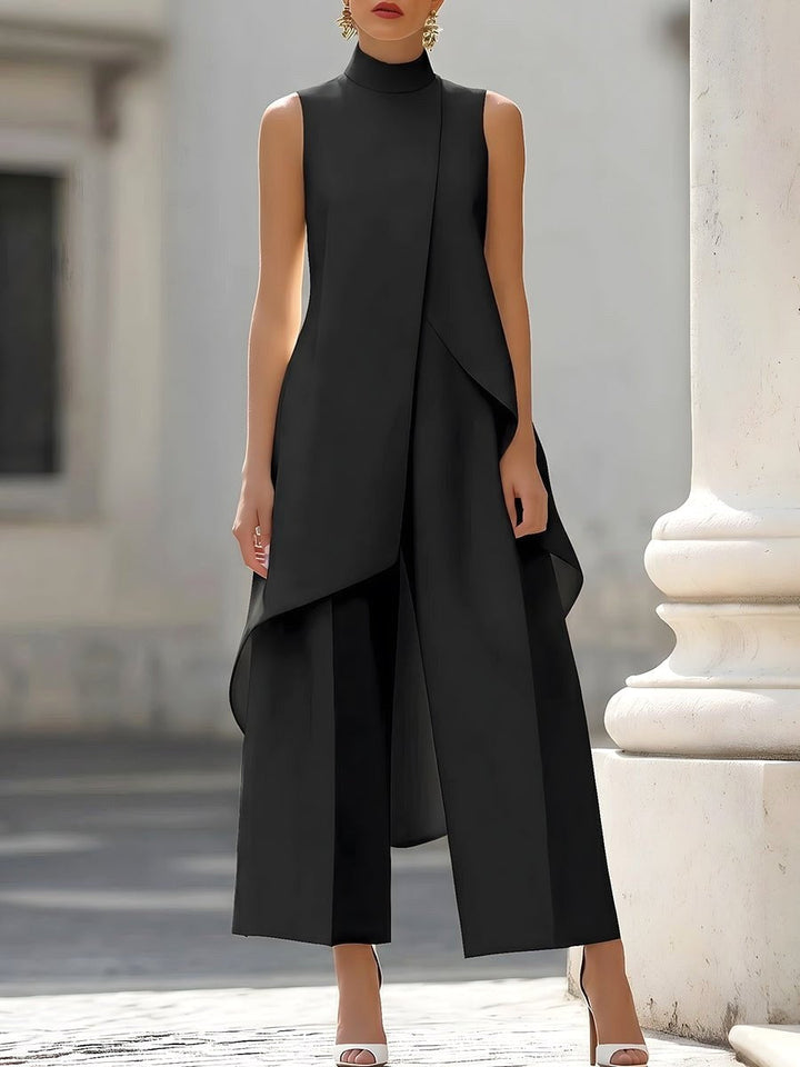 Vesperynn | Women's Matching High-Neck Asymmetric Top Two-Piece Set — Black
