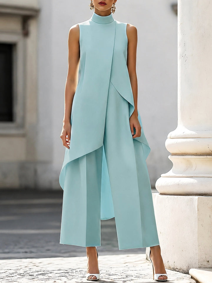 Vesperynn | Women's Matching High-Neck Asymmetric Top Two-Piece Set — Blue