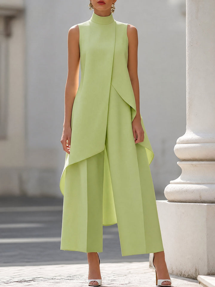 Vesperynn | Women's Matching High-Neck Asymmetric Top Two-Piece Set — Green
