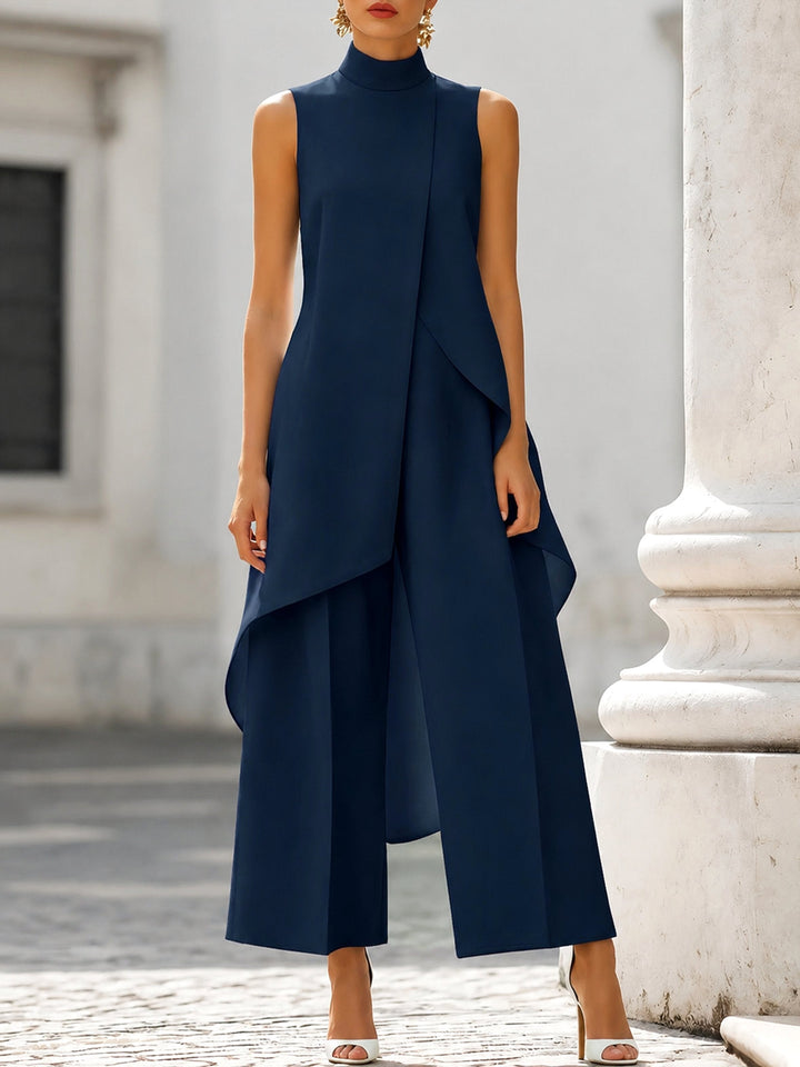 Vesperynn | Women's Matching High-Neck Asymmetric Top Two-Piece Set — Navy Blue