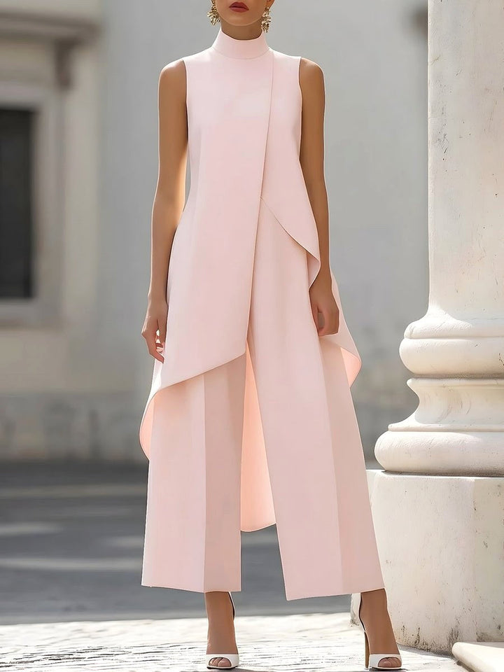 Vesperynn | Women's Matching High-Neck Asymmetric Top Two-Piece Set — Pink