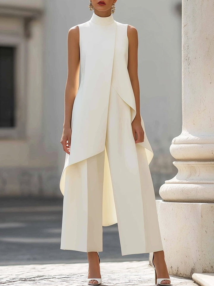 Vesperynn | Women's Matching High-Neck Asymmetric Top Two-Piece Set — White
