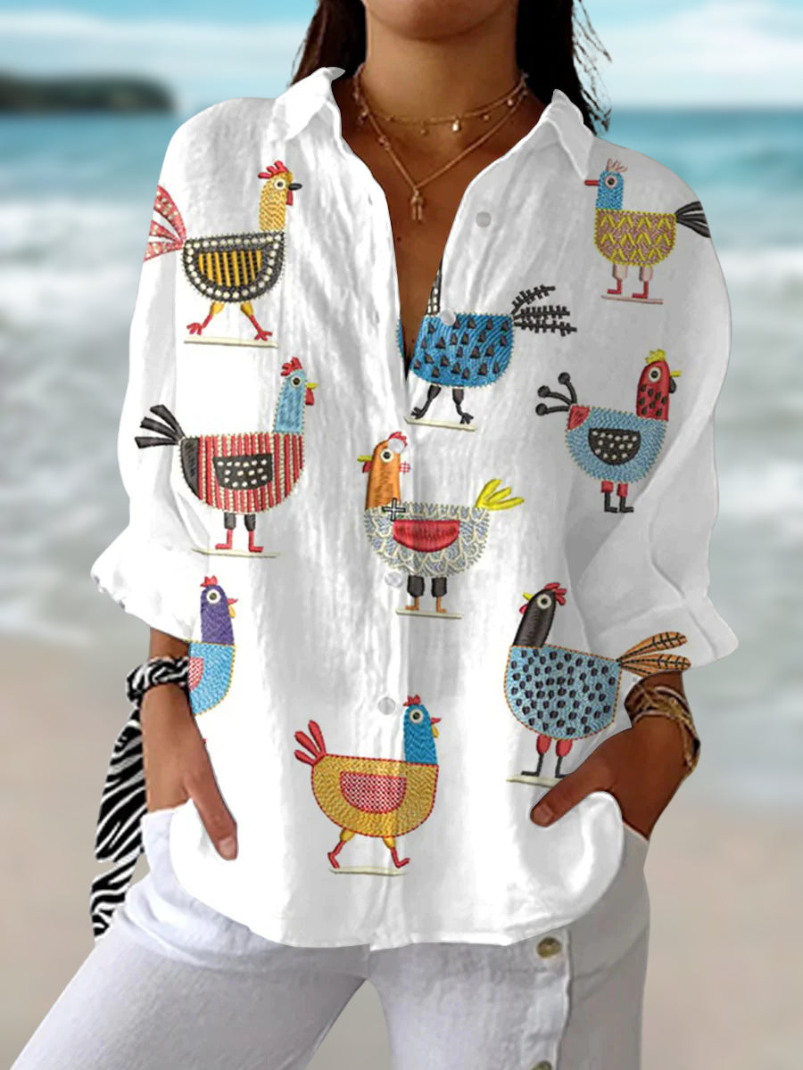 Vienaine | Women's Linen Casual Playful Hen Blouse — 1