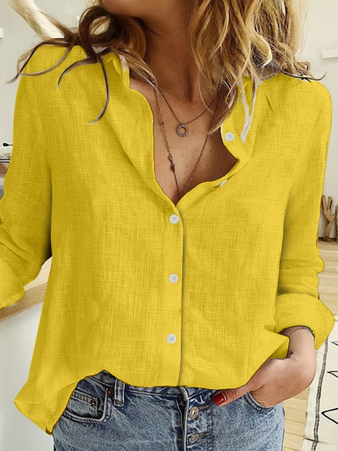 Viendessa | Women's Casual Long Sleeve Linen Shirt — Yellow