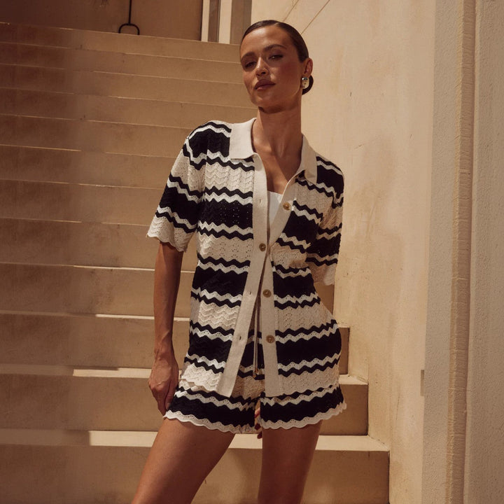 Vienolde | Women's High-Waist Crochet Stripe Shorts Set — Milano