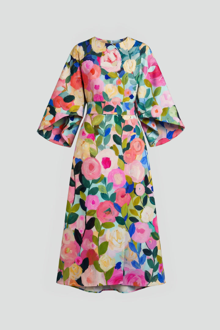 Vienoura | Women's Elegant Midi Dress Green Floral Wide Sleeve for — 1