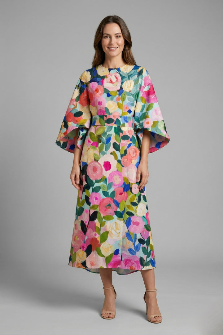 Vienoura | Women's Elegant Midi Dress Green Floral Wide Sleeve for — Style 1