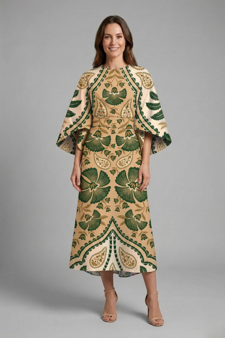 Vienoura | Women's Elegant Midi Dress Green Floral Wide Sleeve for — Style 10