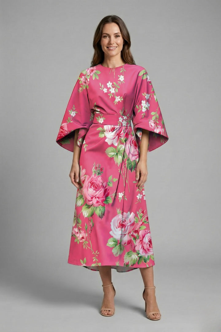 Vienoura | Women's Elegant Midi Dress Green Floral Wide Sleeve for — Style 2