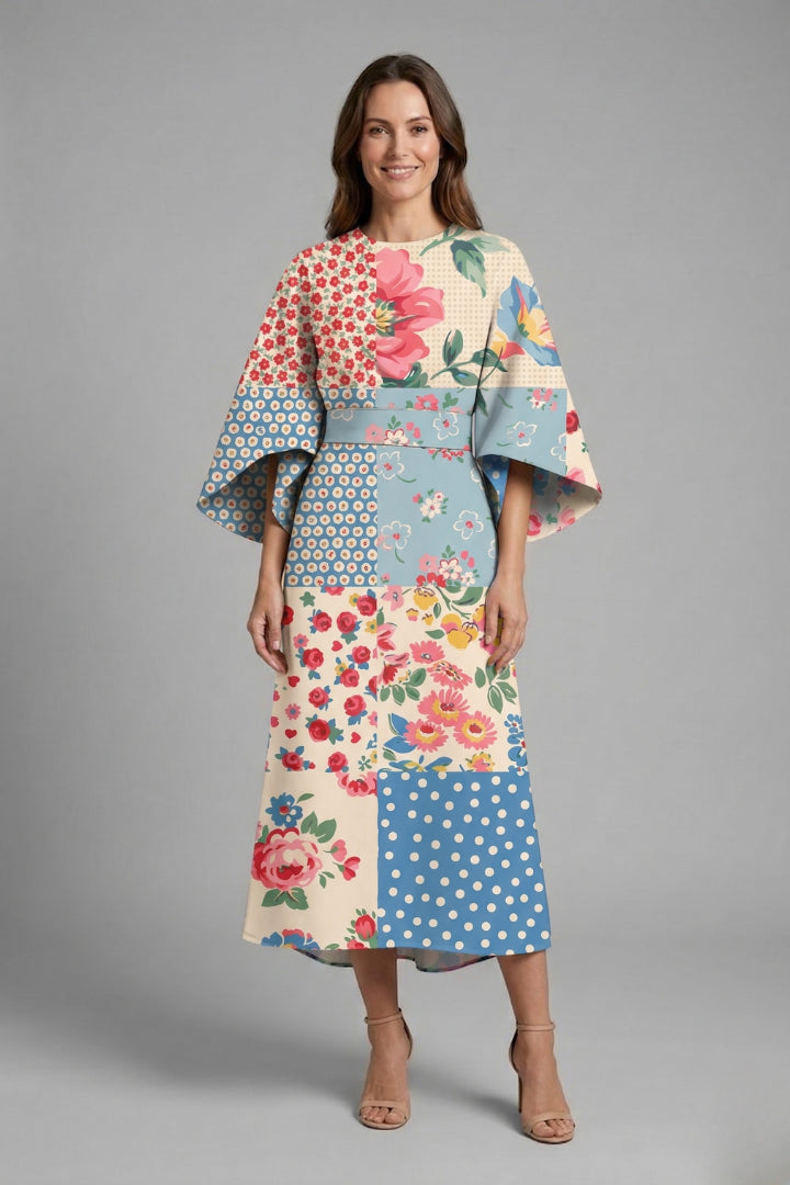 Vienoura | Women's Elegant Midi Dress Green Floral Wide Sleeve for — Style 4