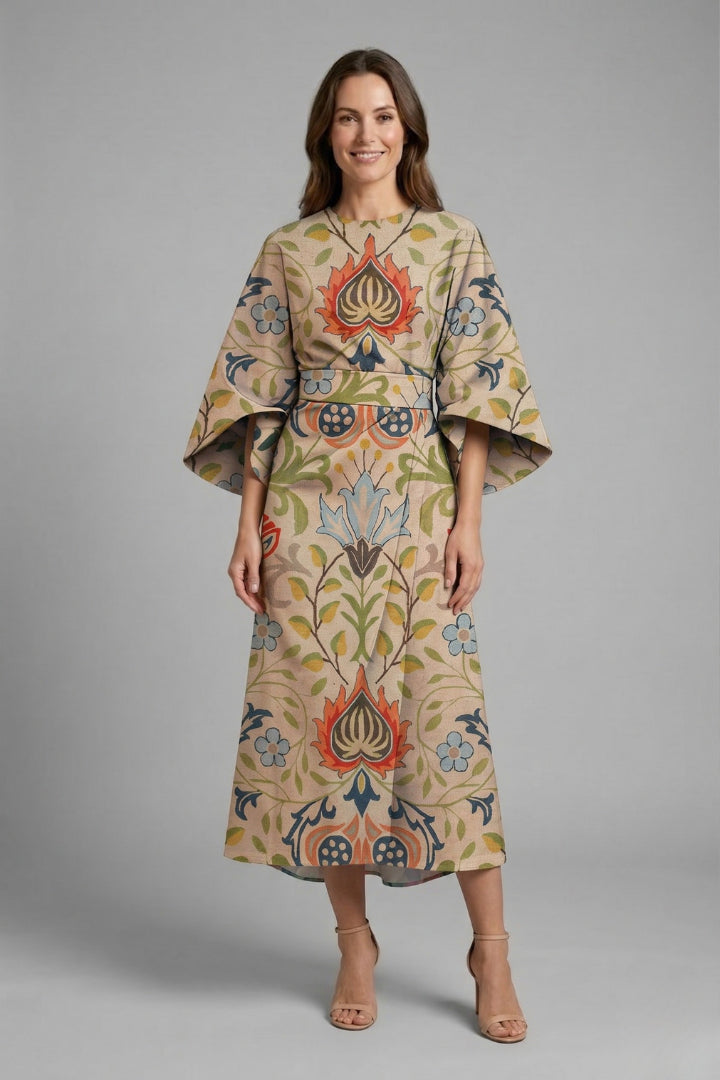 Vienoura | Women's Elegant Midi Dress Green Floral Wide Sleeve for — Style 6