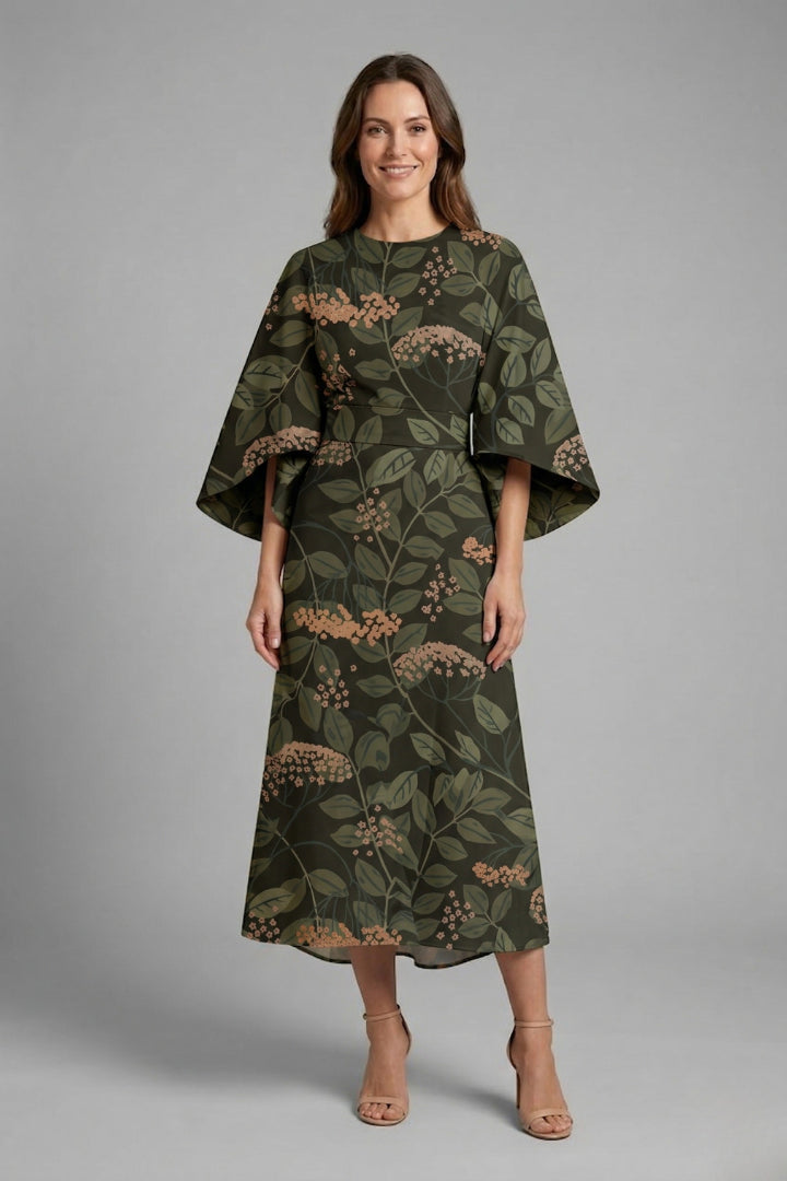 Vienoura | Women's Elegant Midi Dress Green Floral Wide Sleeve for — Style 7