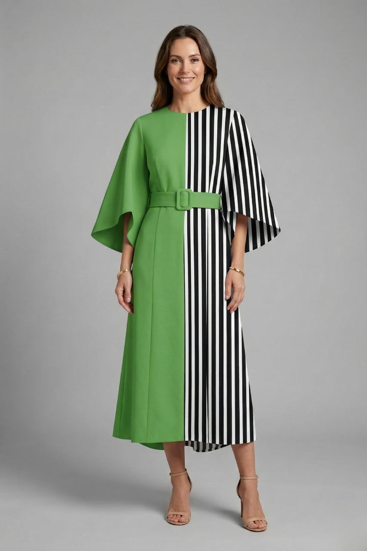 Vienoura | Women's Elegant Midi Dress Green Floral Wide Sleeve for — Style 9