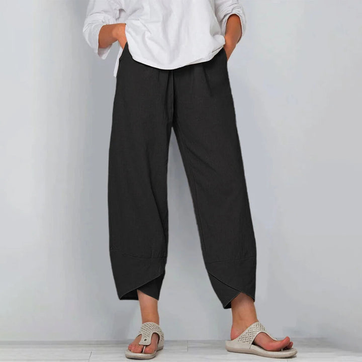 Vienthea | Women's Tailored Wide-Leg Pants Cropped Tulip Hem Elastic Waist — Black