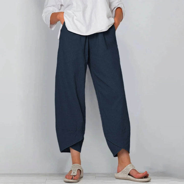 Vienthea | Women's Tailored Wide-Leg Pants Cropped Tulip Hem Elastic Waist — Navy Blue
