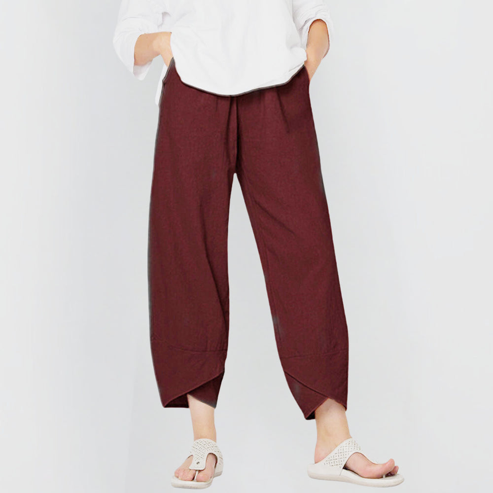 Vienthea | Women's Tailored Wide-Leg Pants Cropped Tulip Hem Elastic Waist — Wine Red