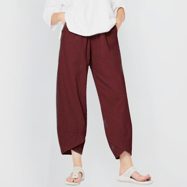 Vienthea | Women's Tailored Wide-Leg Pants Cropped Tulip Hem Elastic Waist — Wine Red