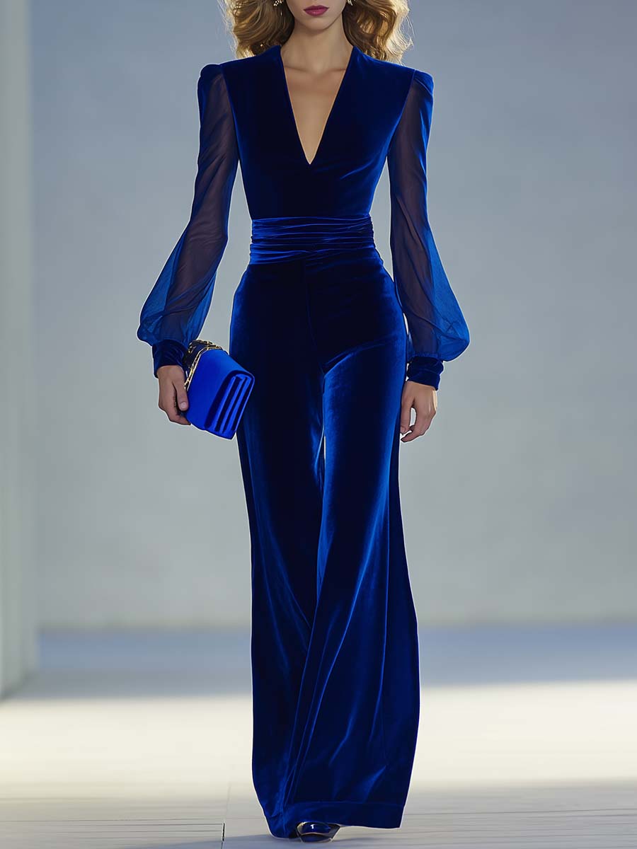 Vivian | Women's Wide-Leg elegant Samt-Jumpsuit with v-neck –, Komfortabel && versatile — Königsblau