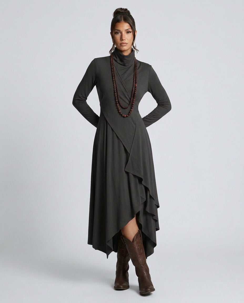 Wanda | Women's Wedding Guest Elegant Asymmetrical Draped Maxi Dress with Turtleneck Dresses — 2