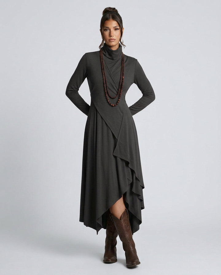 Wanda | Women's Wedding Guest Elegant Asymmetrical Draped Maxi Dress with Turtleneck Dresses — 2