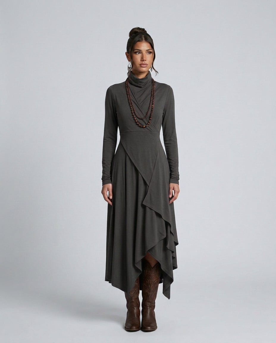 Wanda | Women's Wedding Guest Elegant Asymmetrical Draped Maxi Dress with Turtleneck Dresses — 3