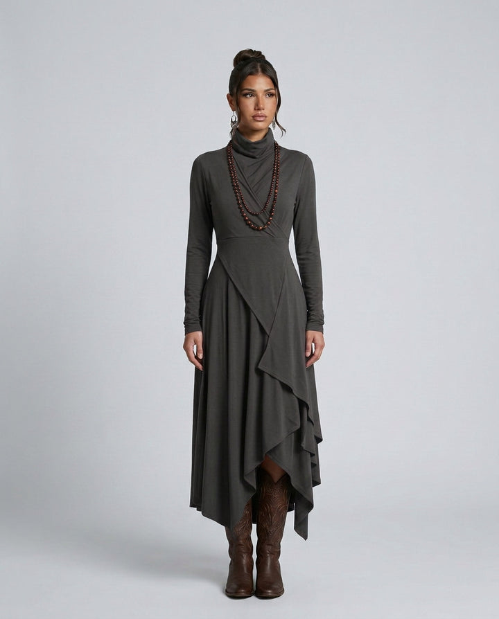Wanda | Women's Wedding Guest Elegant Asymmetrical Draped Maxi Dress with Turtleneck Dresses — 3